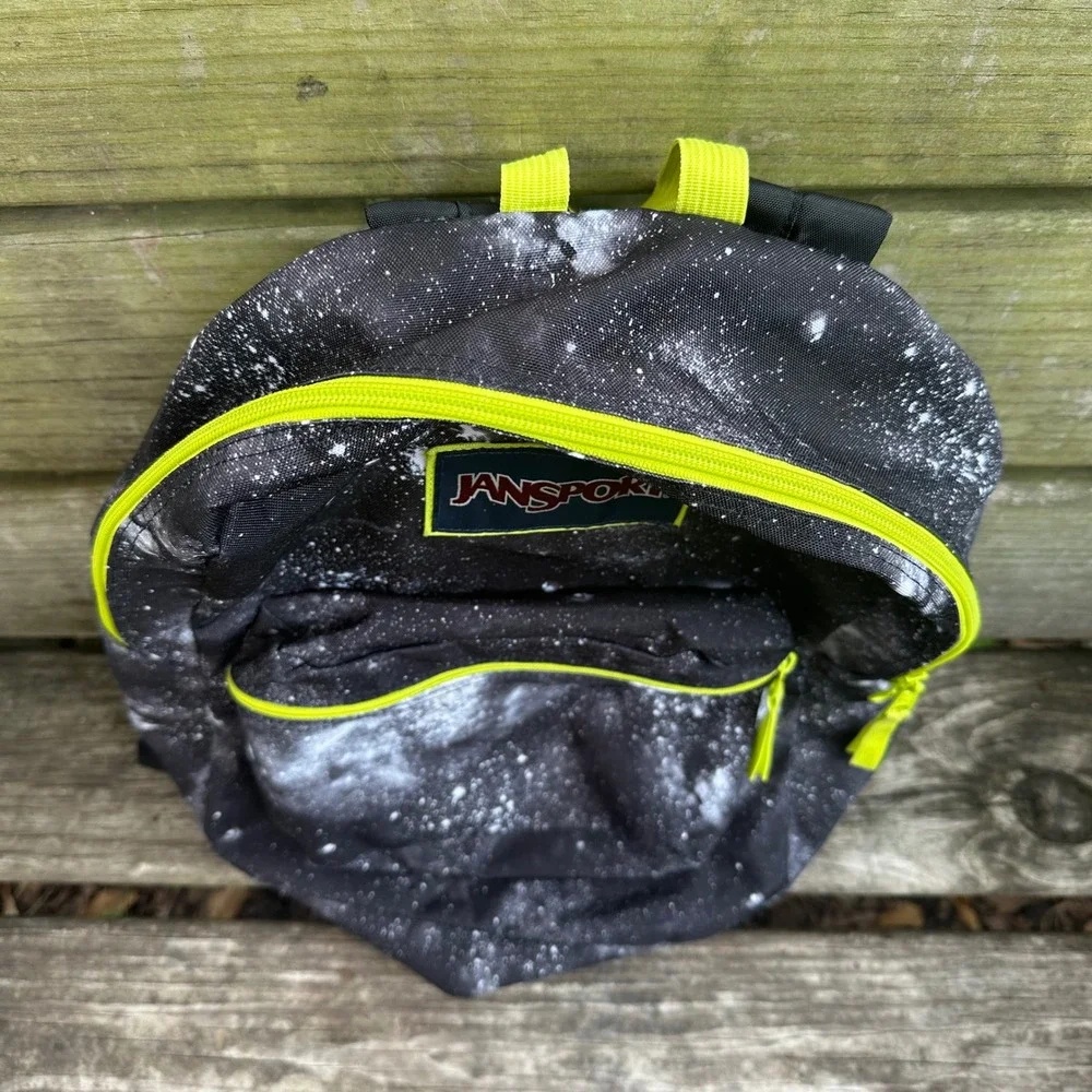 Jansport SuperBreak Backpack Black Galaxy Space Print Neon Green Accents Classic